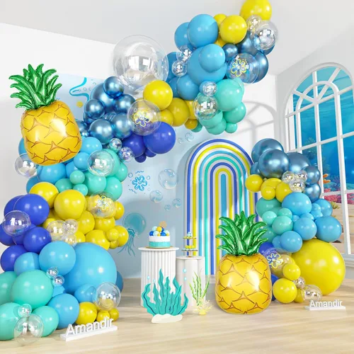 Vista 17 de Amandir Kit de guirnalda de arco de globos tropicales de 165 piezas, azul aguamarina, coral, rojo, rubor, verde pastel, globos de coco, hojas
