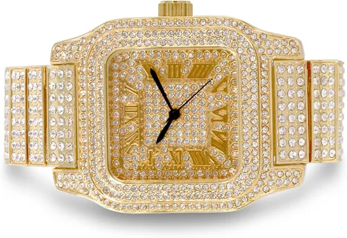 Vista 4 de Techno Pave Reloj de diamante cuadrado helado para hombre con caja totalmente helada, esfera romana helada, correa ajustable brillante, oro de 14