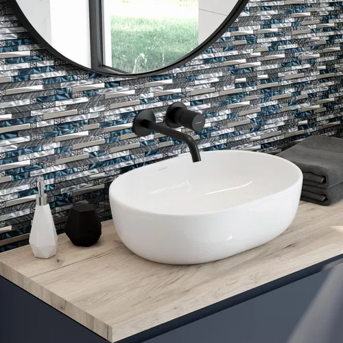 Vista 6 de Azulejos de pared lineales de vidrio, azulejos de mosaico blanco y verde azulado para cocina, baño, protector contra salpicaduras [juego de 5]