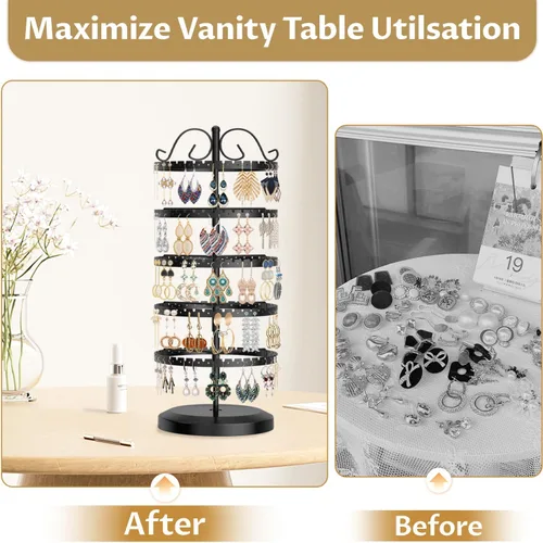 Vista 5 de LASZOLA Soporte organizador de aretes negro de 5 niveles, árbol para mujer, almacenamiento para tachuelas y aro, soporte de clip giratorio grande