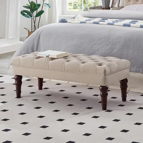 Vista 16 de 24KF Banco de entrada tapizado con botones capitoné de terciopelo con pata de madera maciza, banco de cama otomano con asiento acolchado, 5061N-Negro