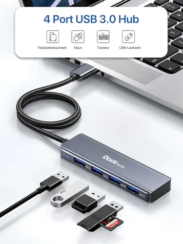 Vista 2 de Concentrador USB, divisor USB 3.0 de 4 puertos dockteck de aluminio, extensor USB de 2 pies compatible con MacBook, XPS, Surface Pro, Mac mini/Pro