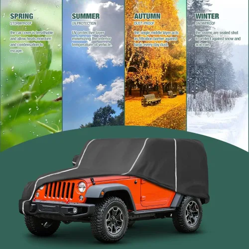 Vista 5 de Funda impermeable para coche compatible con Jeep Wrangler CJ, YJ, TJ y JK de 2 puertas 1955-2024, funda completa para todo tipo de clima de 6 capas