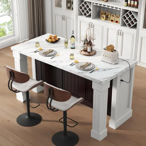 Vista 16 de Mesa de comedor grande de imitación de mármol de 63" para 4-6 personas (patente pendiente), mesa de isla con luces LED, mesa de comedor de cocina