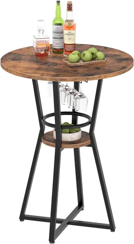 Vista 5 de HOOBRO Mesa redonda de bar, mesa de bar de 2 niveles con soporte para copas de vino, mesa de cóctel industrial, para espacios pequeños, taberna