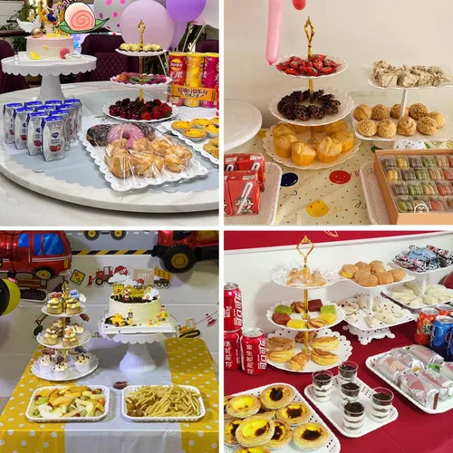 Vista 8 de Juego de 2 piezas de soporte de postre de 3 niveles, plato de frutas, cupcakes, plástico, vasos blancos, pasteles, postres, frutas, dulces, bufé