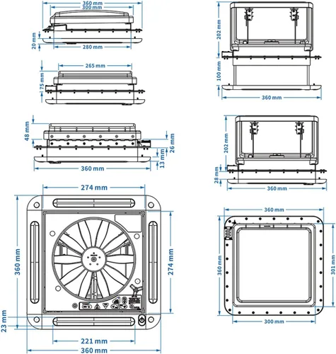 Vista 5 de Ventilador de 11 pulgadas con tragaluz de 12 V, se adapta a aberturas de techo estándar de 11 x 11 pulgadas