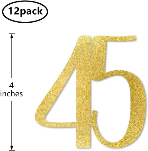 Vista 2 de Palitos dorados para centro de mesa de cumpleaños número 45, paquete de 12 decoraciones de fiesta de aniversario con purpurina dorada