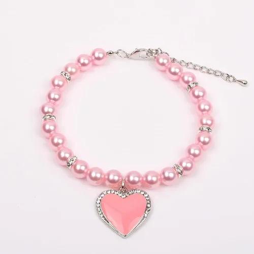 Vista 8 de Collar de perlas de perro y gato con diamantes de imitación, dije de corazón con dije de corazón para mascotas y cachorros (S, rosa)