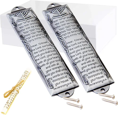 Vista 7 de Mezuzah para puerta con pergamino - Regalo de Mitzvá judío (latón) Judía Mitzvah puerta caso, para puerta exterior, regalo de bendición