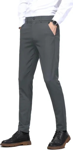 Vista 11 de Plaid&Plain Pantalones de vestir para hombre, elásticos, corte delgado, 4 direcciones de flexibilidad 7603# Negro