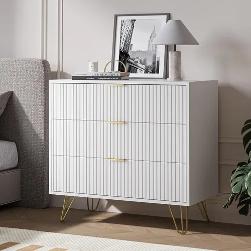 Vista 10 de MAISONARIA Cómoda negra de 3 cajones para dormitorio, cómoda moderna de armario, cómoda acanalada con asas de metal dorado, mesita de noche