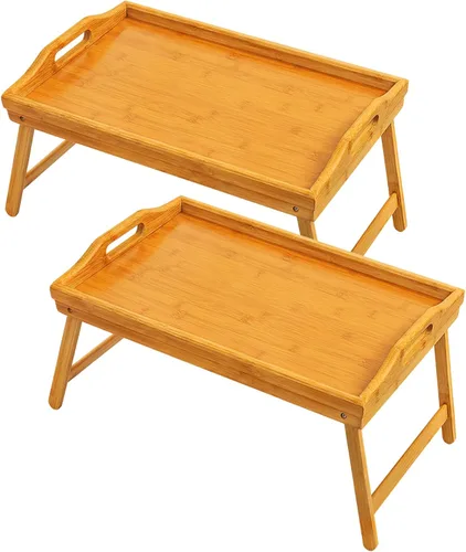 Vista 10 de Paquete de 2 bandejas de cama para mesa de desayuno, bandejas de servir, bandeja de bambú para cama portátil con patas plegables, asas y soportes