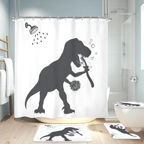 Vista 29 de LGhtyro Juego de Cortina de Ducha Divertida de Dinosaurio para Baño Pequeño 36Wx71H Pulgadas Dibujos Animados Niños Silueta de Dino Sombra de Animal