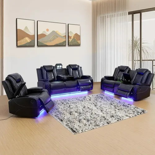 Vista 7 de Sillón reclinable eléctrico para sala de estar, silla reclinable de cuero con LED/almacenamiento, muebles reclinables de 1 plaza, sofá de cuero Negro