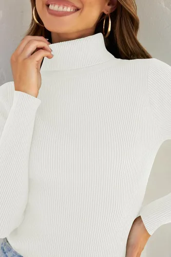 Vista 5 de ZESICA Camisas de manga larga de cuello alto para mujer, camisetas básicas de otoño, suéter de punto acanalado ajustado