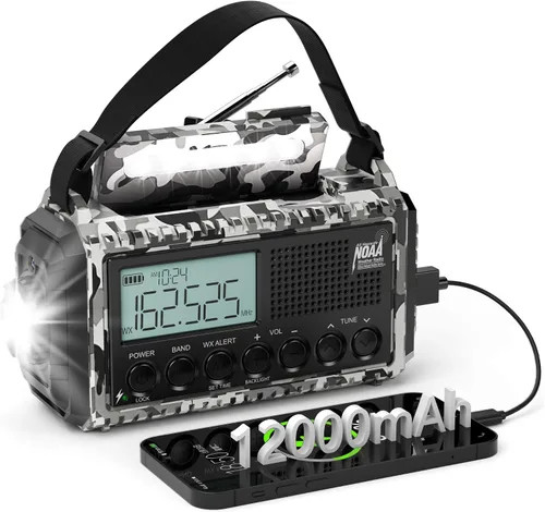 Vista 12 de AUTO NOAA Radio de emergencia de alerta, manivela solar portátil AM FM radio meteorológica de onda corta para supervivencia, radio a