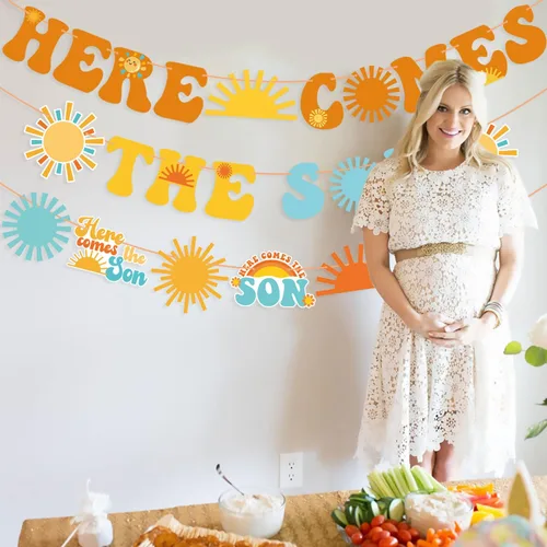 Vista 7 de Cartel para baby shower con texto en inglés «Here Comes The Son» «Here Comes The Sun», decoración para baby shower, 3 piezas, decoración de fiesta
