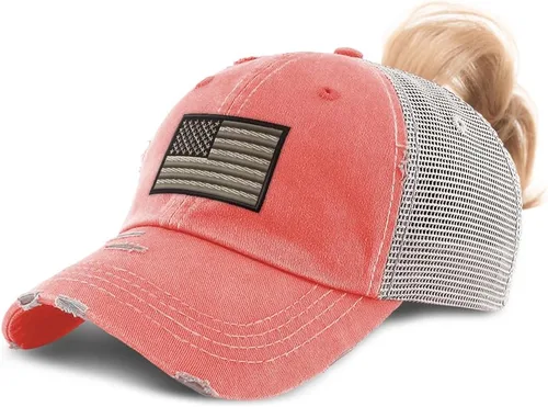 Vista 9 de Gorra de béisbol de cola de caballo personalizada Bandera estadounidense Solo diseño negro.