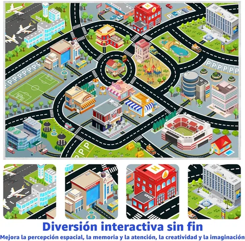 Vista 2 de Alfombra de Coches para Niños, Alfombra de Juego para Coches de Juguete y Tren, Alfombra de Juego de Tráfico Vial para Niños, Alfombra de Área