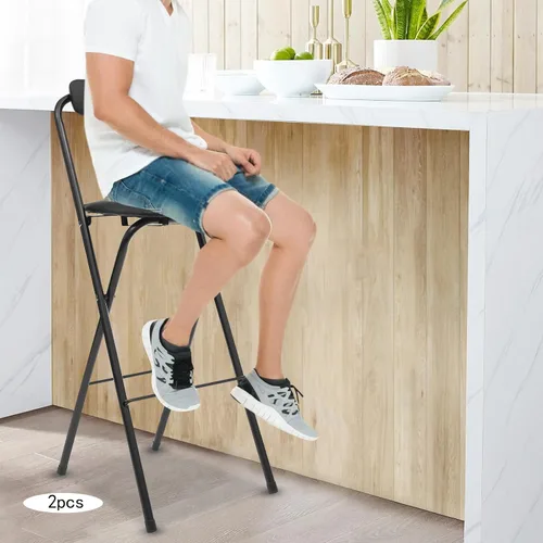 Vista 2 de 2 Pcs Folding Bar Stool with Backrest 275Lbs Tall Foldable Chair 29.5 Inch Freestanding Portable Folding Stool with PVC Caps for Kitchen Island Shop