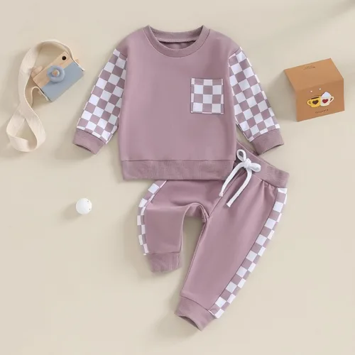 Vista 2 de Conjunto de 2 piezas para bebé niño y niña, sudadera de manga larga con bordado de letras, pantalones elásticos, conjunto de otoño