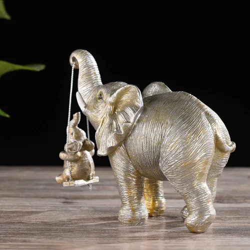 Vista 4 de BRASSTAR Estatua de elefantes de plata de resina bebé elefante sentado en columpio figura traer suerte felicidad riqueza decoración del hogar 7.1