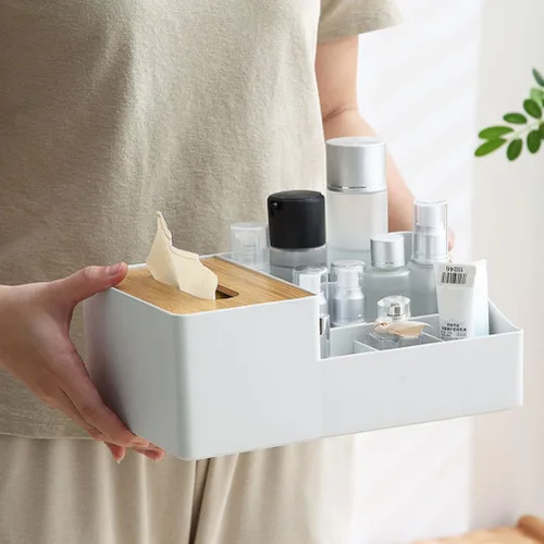 Vista 6 de Soporte para caja de pañuelos de bambú para tableta, organizador de cajas de papel multifuncional, cubierta de caja de pañuelos con almacenamiento
