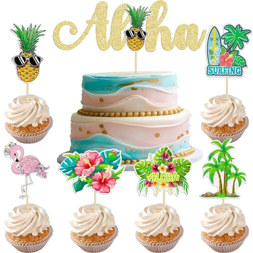 Vista 18 de Gyufise 1 decoración de pastel de flamenco con purpurina para decoración de pastel de flamenco para decoración de pastel hawaiano Luau tropical piña