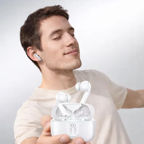 Vista 4 de LEVO Auriculares inalámbricos, cancelación activa de ruido híbrida, Bluetooth 5.3, micrófonos de llamada claros, funda de carga USB-C, color blanco