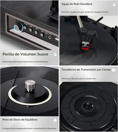 Vista 7 de VANGOA Tocadiscos de vinilo, tocadiscos de 3 velocidades con receptor Bluetooth, altavoces estéreo integrados, color negro