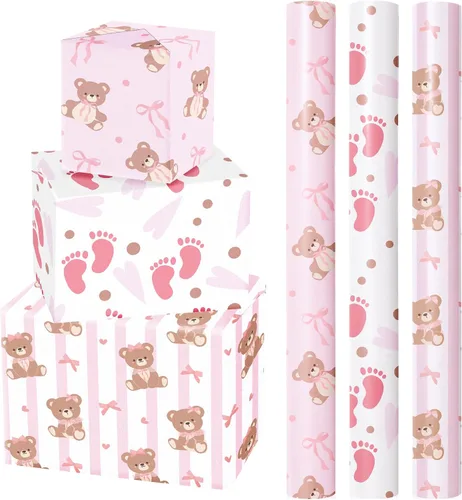 Vista 14 de WRAPAHOLIC Papel de regalo de oso para baby shower, mini rollo, 3 rollos, 17 x 120 pulgadas, diseño de oso de aventura en avión y fiesta para baby
