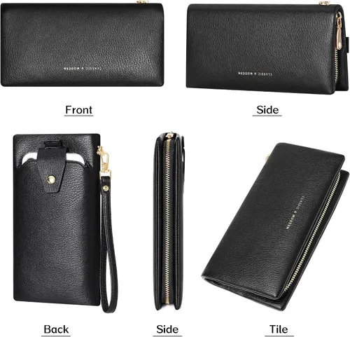 Vista 2 de Cartera para mujer, cartera de mano con soporte para teléfono, tarjetero grande de cuero vegano suave, Casual