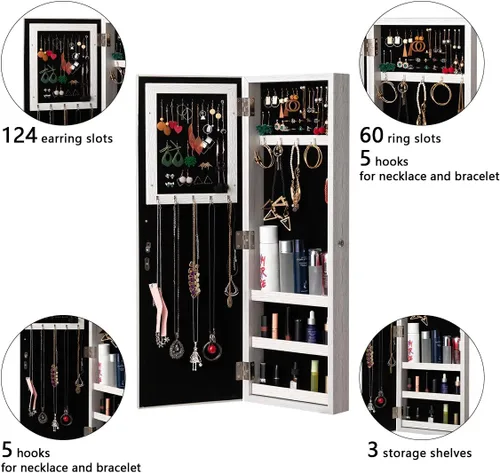 Vista 3 de HollyHOME Armario de joyería con espejo, con cerradura, montado en la puerta, organizador de joyas con espejo de longitud completa, ahorro