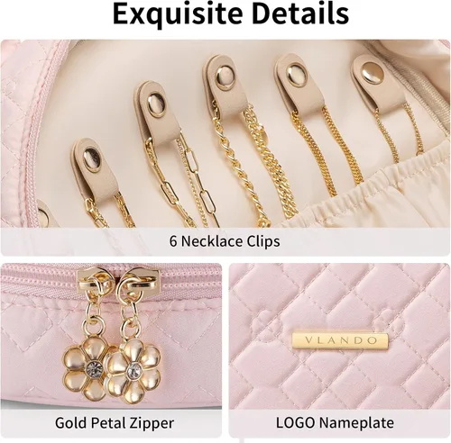 Vista 3 de Vlando Estuche organizador de viaje para joyas, carpeta de anillos con bolsas de joyería, folleto transparente con cremallera para collares, aretes