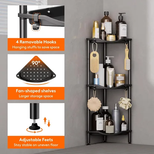 Vista 5 de Lifewit Estante de Ducha de 3 Niveles de Pie Esquinero, Estante Organizador de Baño de Plástico para Almacenamiento de Champú, Jabón Corporal, Negro