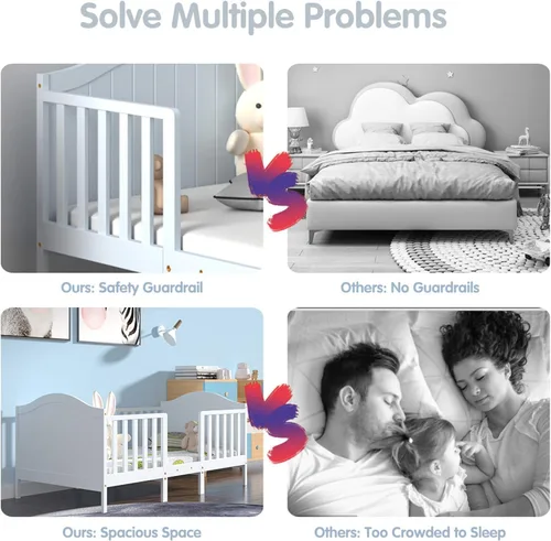 Vista 6 de Costzon Cama convertible 2 en 1 para niños pequeños, cama clásica de madera para niños con 2 barandillas laterales, estribo para mayor seguridad