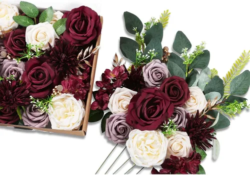 Vista 4 de ponatia Flores artificiales burdeos, combo de flores de boda para bricolaje, ramos de boda, centros de mesa, arreglos, fiestas, baby shower Borgoña