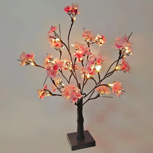 Vista 9 de Árbol de cerezo iluminado, 21.7 pulgadas, 24 luces LED artificiales de mesa de cerezo bonsái, funciona con pilas, decoración de árbol de flores
