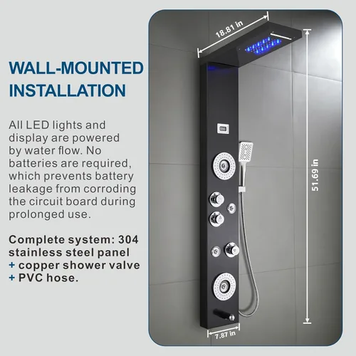 Vista 4 de Sistema de panel de ducha de acero inoxidable tipo torre de Ello&Allo, cabezal de LED, modo cascada o lluvia; sistema de hidromasaje con chorros