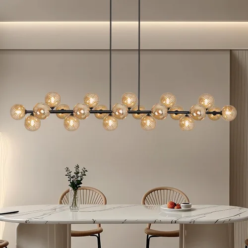 Vista 10 de Candelabro lineal negro Sputnik de 70 pulgadas, lámpara de comedor con 22 luces, globo de vidrio, lámpara lineal ahumada para granja, sala de estar