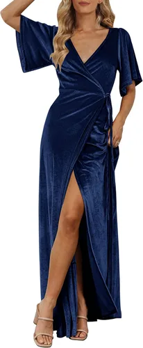Vista 13 de MEROKEETY Vestido largo de terciopelo con cuello en V para mujer, invitada Negro