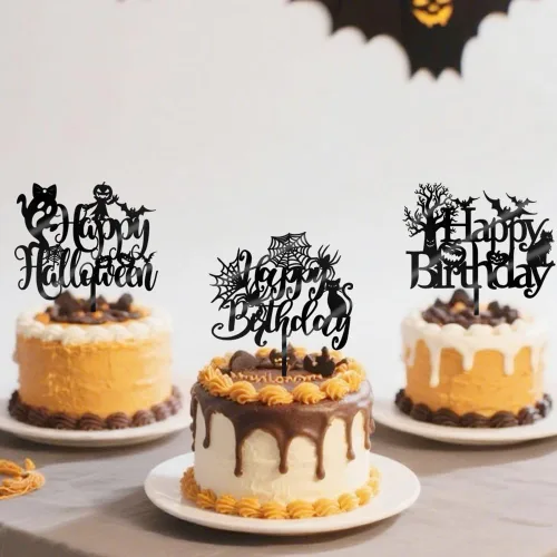 Vista 5 de 6 adornos acrílicos para tartas de Halloween, decoración de pastel de cumpleaños de Halloween, espeluznante con murciélago, calabaza, fantasma