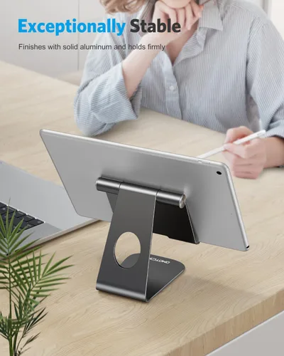 Vista 7 de Estación de carga, soporte de escritorio multiángulo, marca Omoton, de aluminio, base de montaje de succión adhesiva, compatible con todos los Negro