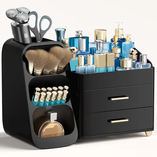 Vista 19 de HBlife Organizador de maquillaje con soporte para brochas para tocador, organizador grande de plástico para tocador de baño, almacenamiento