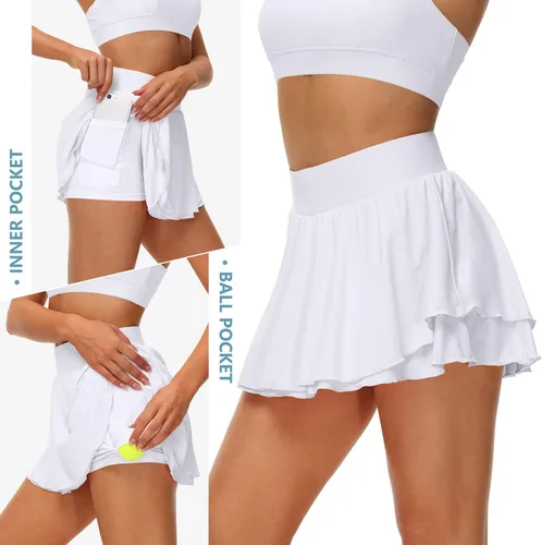 Vista 4 de UrKeuf - Faldas de tenis atléticas con bolsillos de 13 pulgadas y volantes, para golf, correr, entrenamiento, falda pantalón deportiva de seda fría