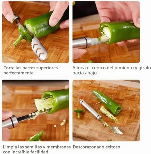 Vista 4 de Removedor de semillas de pimienta con paño de limpieza, removedor de semillas de frutas de acero inoxidable 304 con dientes dentados, herramienta