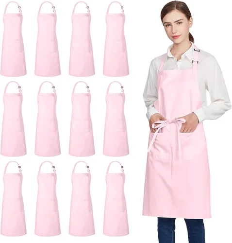 Vista 26 de Jubatus Paquete de 2 delantales 100% algodón con 2 bolsillos para cocinar, cocinero, delantal ajustable para mujeres y hombres, color beige