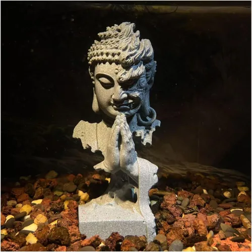 Vista 13 de livelyfish Estatua de Buda meditante, pecera, estatuas de Buda zen, figuras de pensador de piedra arenisca para acuario, jardín, decoración
