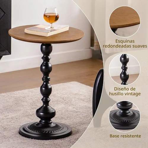 Vista 4 de Framhose - Mesa auxiliar redonda, mesa auxiliar pequeña con parte superior de madera y base negra, mesa de pedestal para sala de estar, esquinas